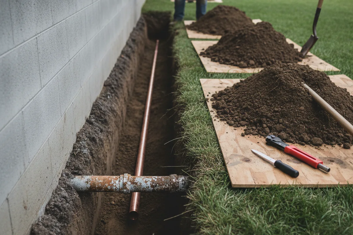 Excavated water line trench during Water Softener Installation in Mingo